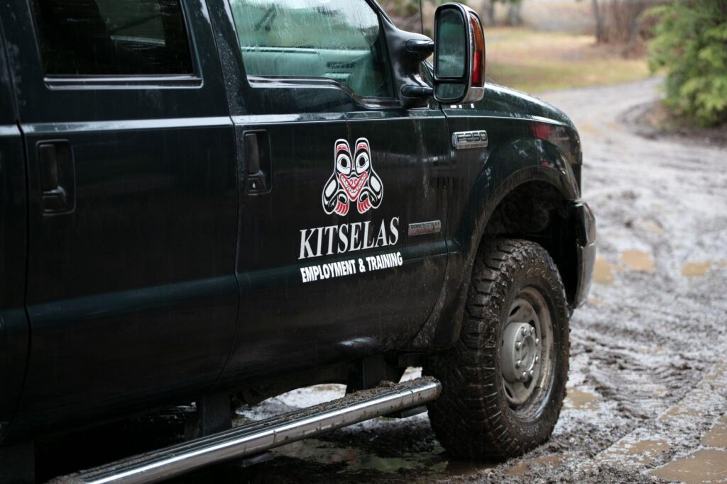 A truck featuring a Kitselas First Nation sticker on the door