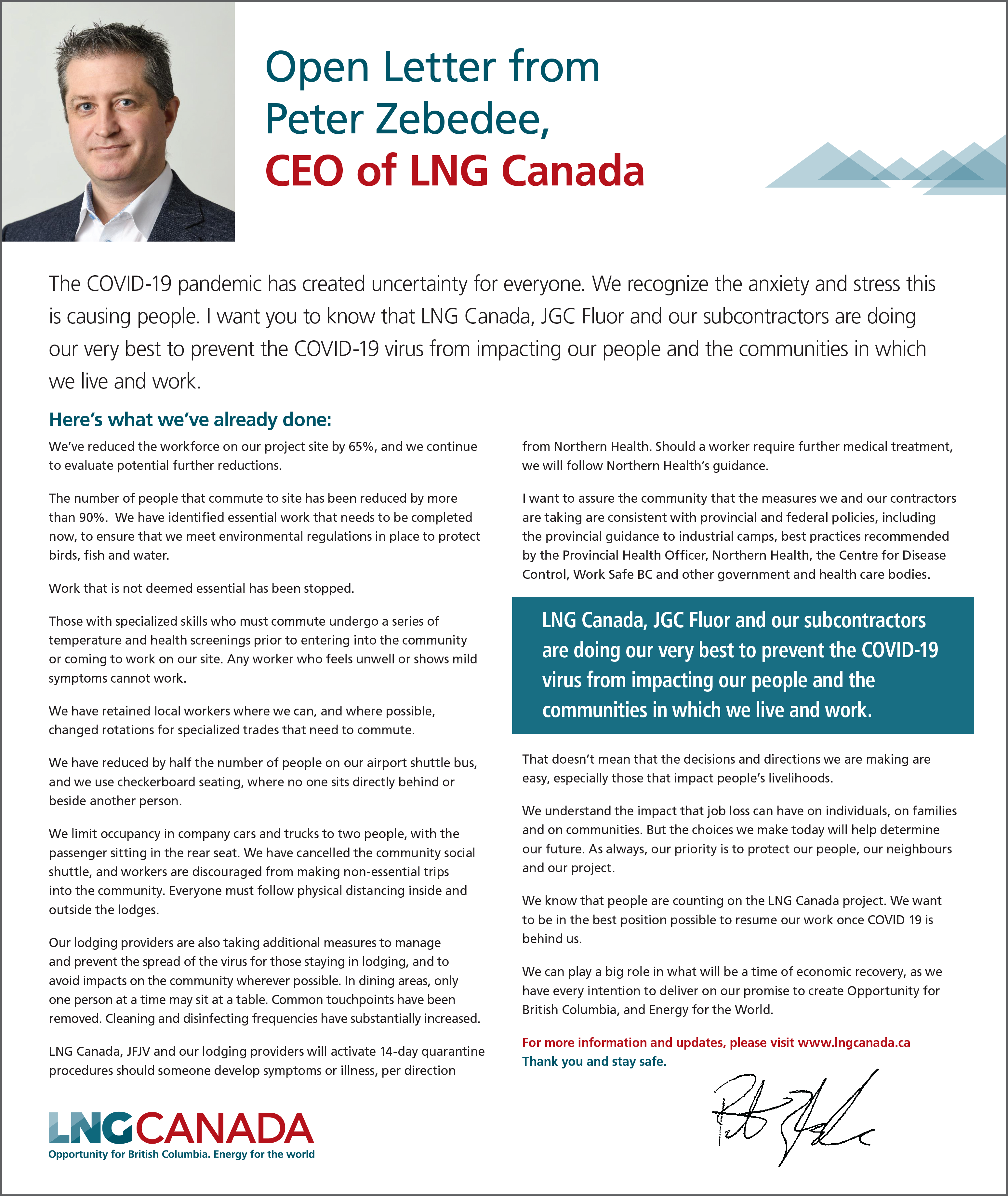 Open Letter from Peter Zebedee, CEO of LNG Canada