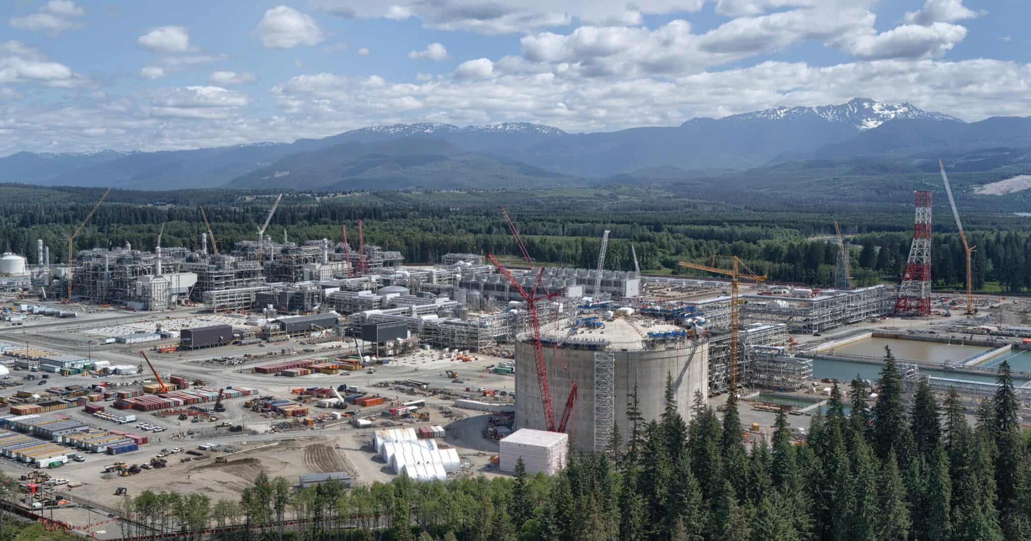 A view of the LNG Canada industrial site with construction equipment and facilities in Kitimat, British Columbia