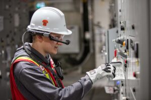 An employee at the LNG Canada site, engaged in work